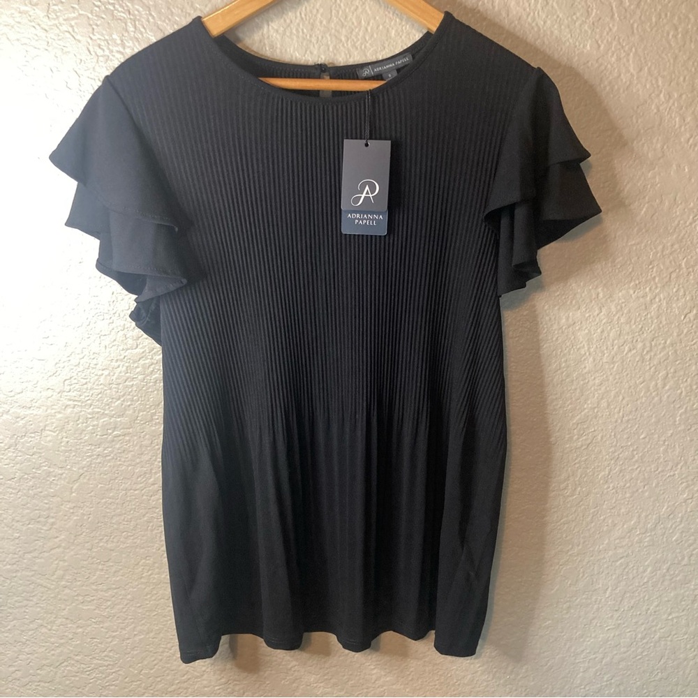 Adriana Papell Blouse Pleat Double Ruffle Sleeve Top Stretch Comfy Was $69 Small